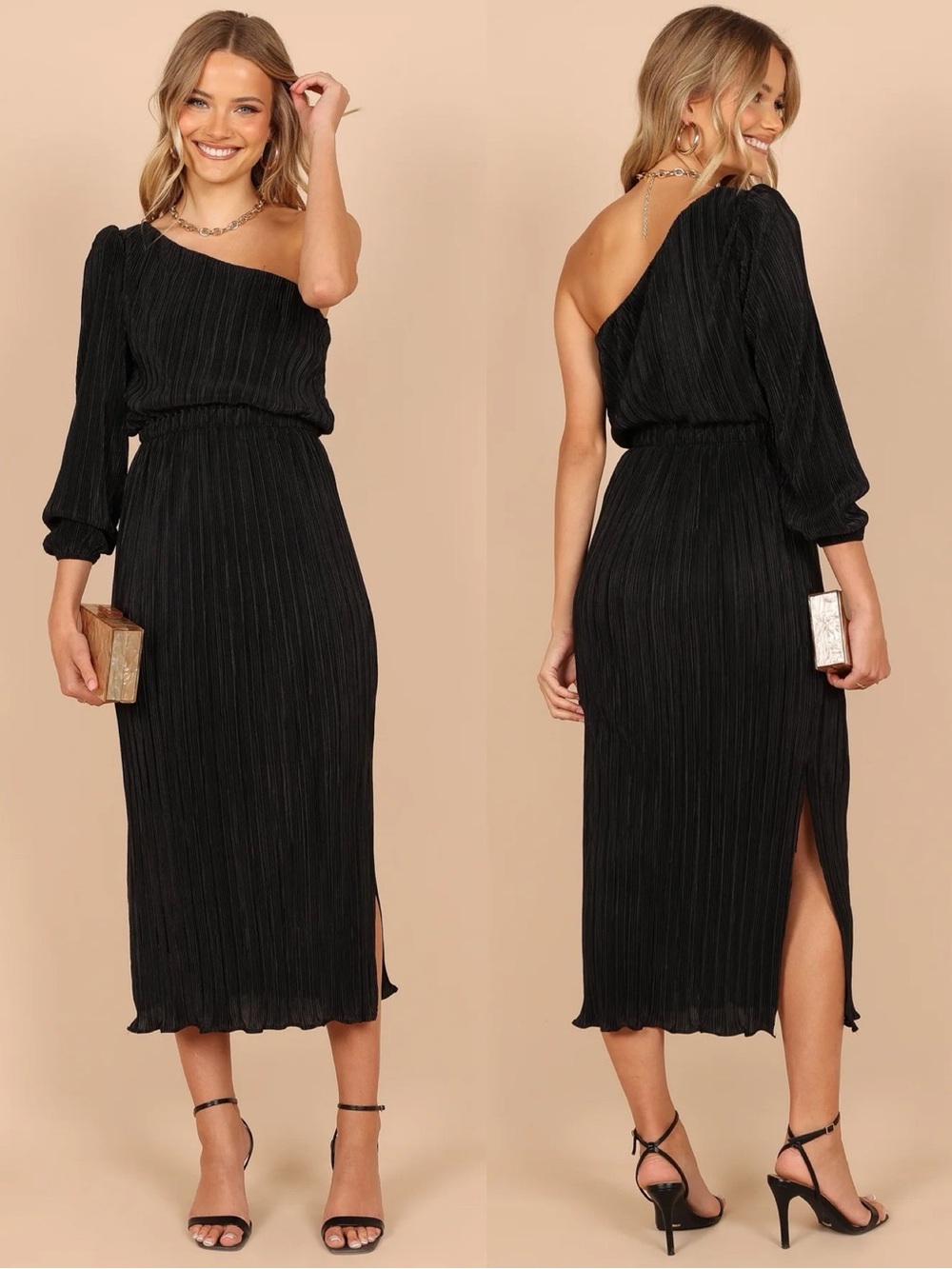 Petal & Pup Pontee One Shoulder Pleated Midi Dress Black Event Party LBD Small